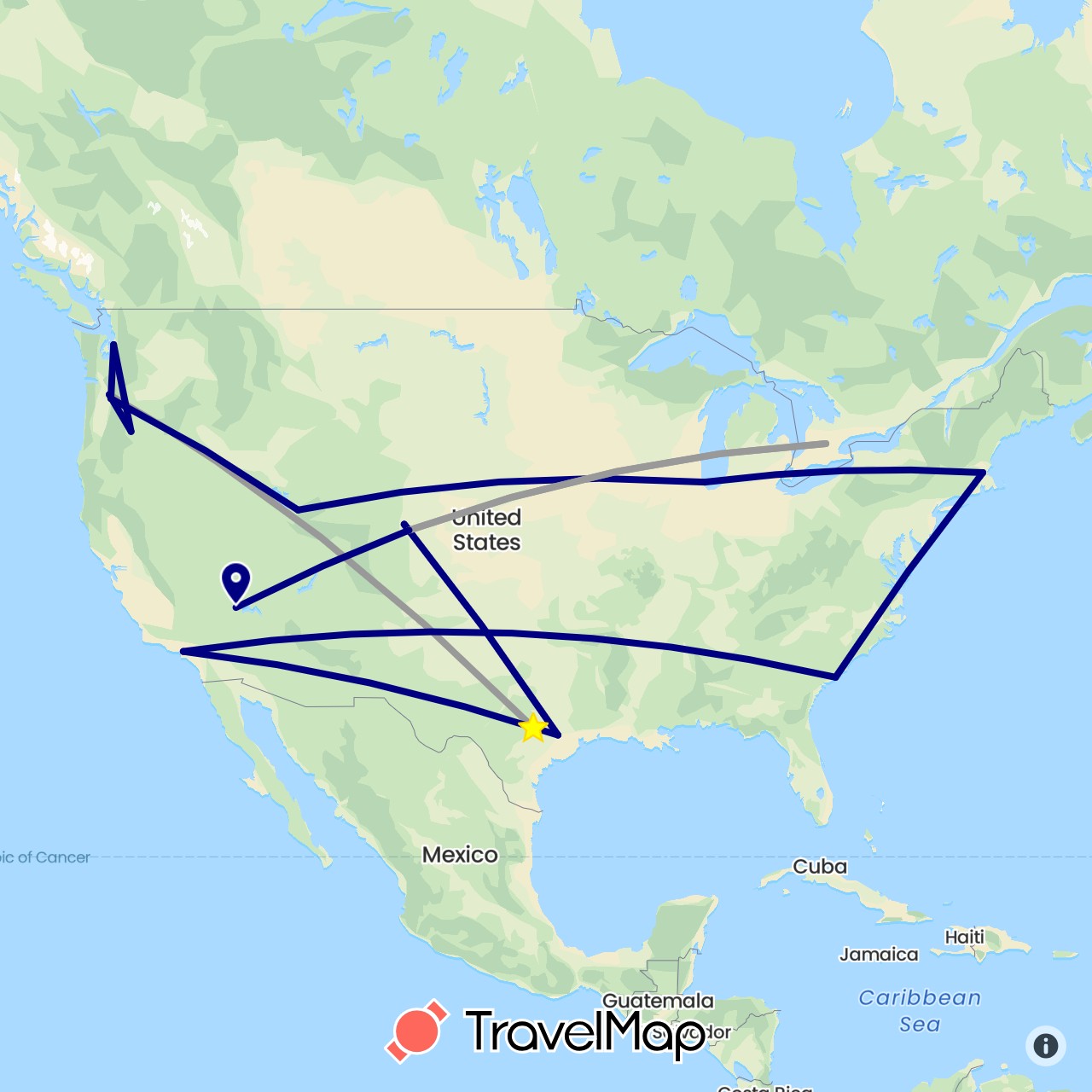 TravelMap itinerary: driving, plane in Canada, United States (North America)